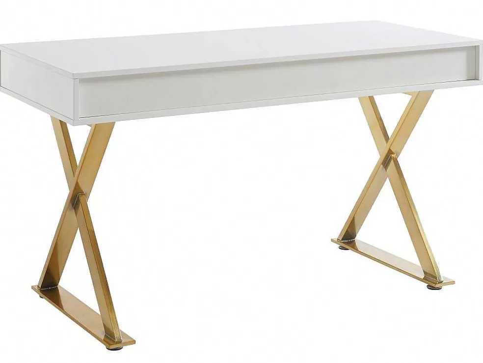 PASCAL MORABITO Secretária Com 2 Gavetas, Mdf Lacado E Metal, Branco E Dourado - Pleisa* Secretária