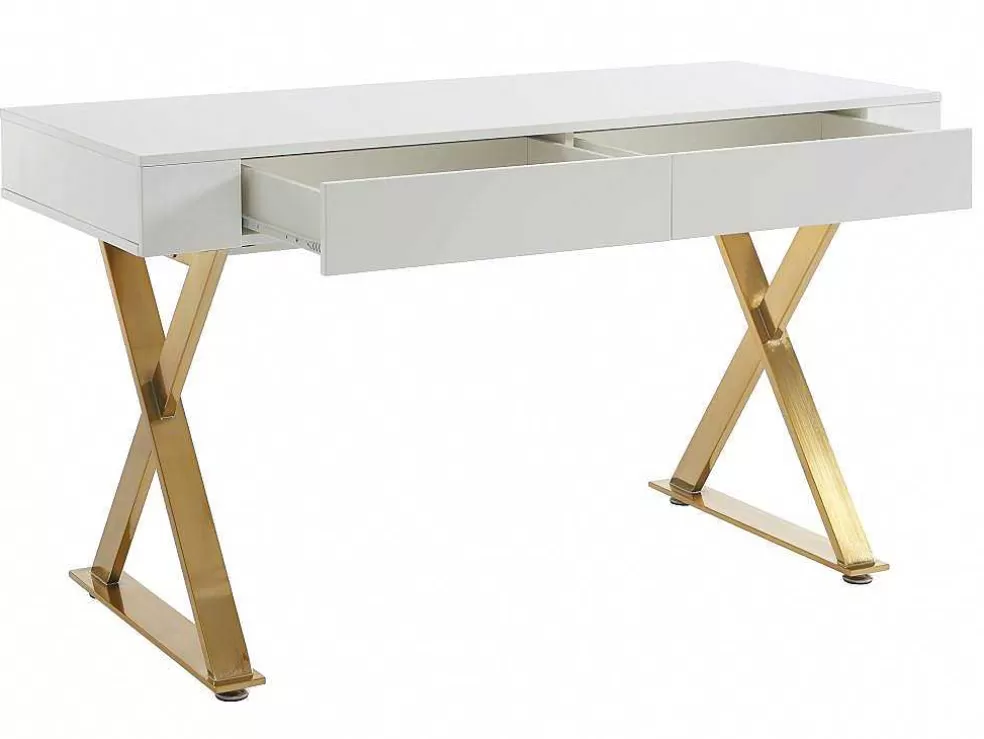 PASCAL MORABITO Secretária Com 2 Gavetas, Mdf Lacado E Metal, Branco E Dourado - Pleisa* Secretária
