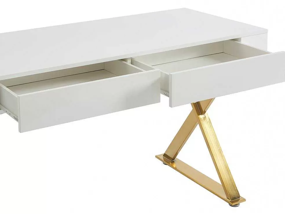 PASCAL MORABITO Secretária Com 2 Gavetas, Mdf Lacado E Metal, Branco E Dourado - Pleisa* Secretária