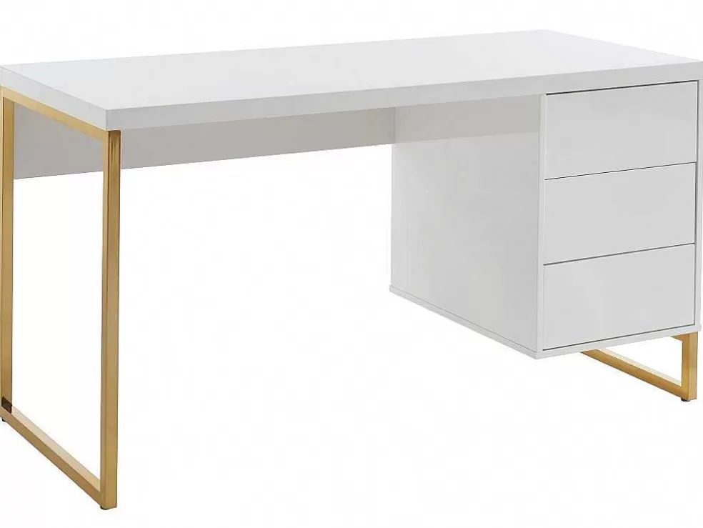 PASCAL MORABITO Secretária Com 3 Gavetas, Mdf Lacado E Metal, Branco E Dourado - Timfia* Secretária