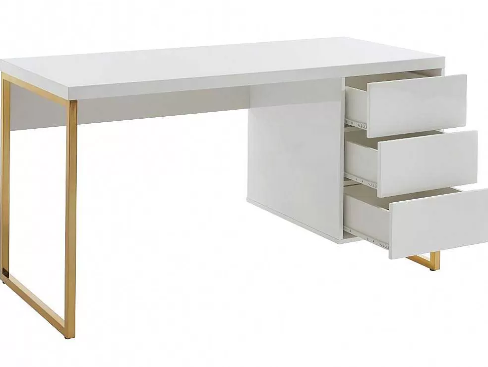 PASCAL MORABITO Secretária Com 3 Gavetas, Mdf Lacado E Metal, Branco E Dourado - Timfia* Secretária