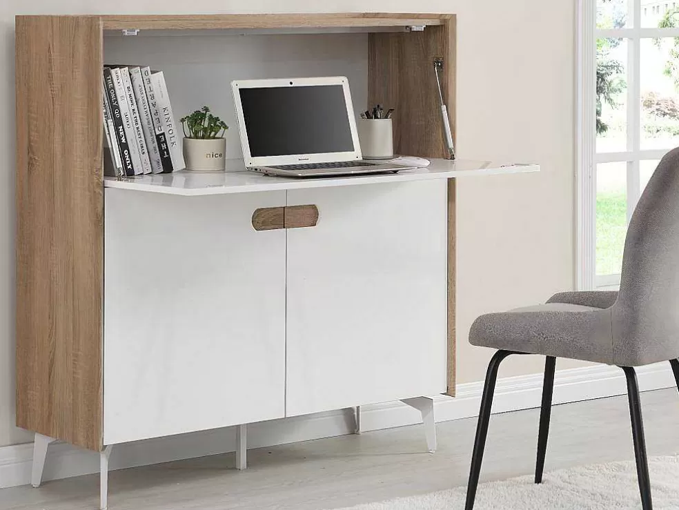 Vente-unique Secretária Com 3 Portas Mdf E Metal Cor Natural E Branco - Derelis* Secretária