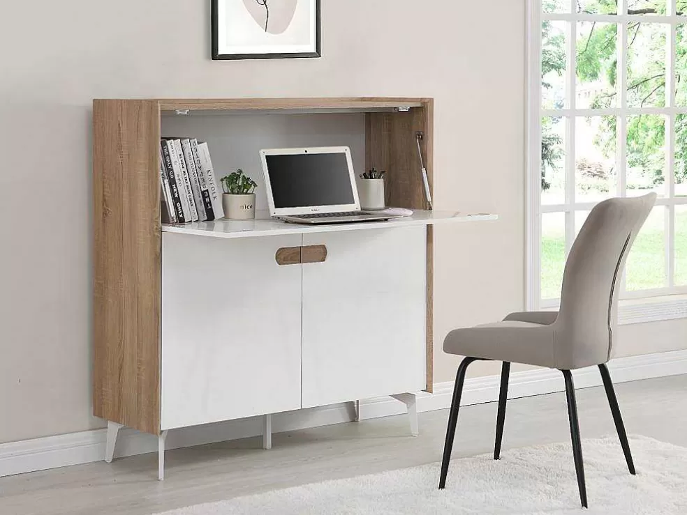 Vente-unique Secretária Com 3 Portas Mdf E Metal Cor Natural E Branco - Derelis* Secretária