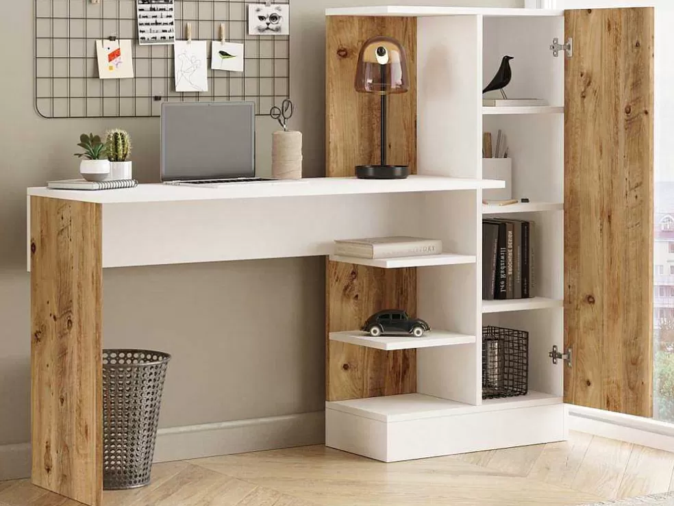 Vente-unique Secretária Com Armário De Arrumação Cor Natural E Branco - Milaria* Secretária