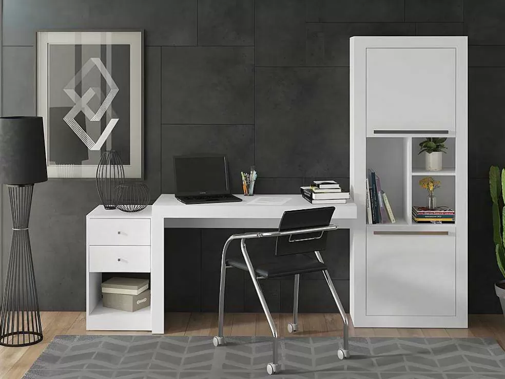 Vente-unique Secretária De Canto Com 2 Gavetas E 2 Portas Cor Branco - Evan* Secretária