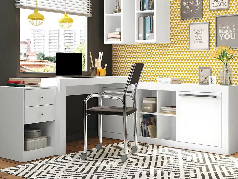 Vente-unique Secretária De Canto Com 2 Gavetas E 2 Portas Cor Branco - Evan* Secretária
