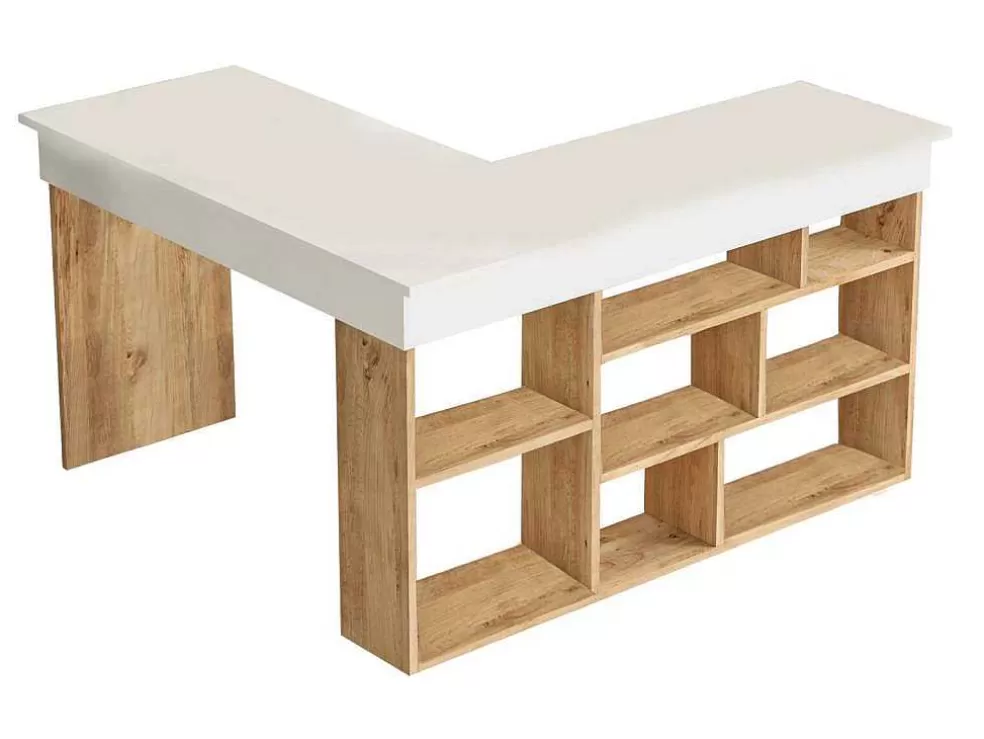 Vente-unique Secretária De Canto Com Espacos De Arrumação Cor Branco E Natural - Lileul* Secretária
