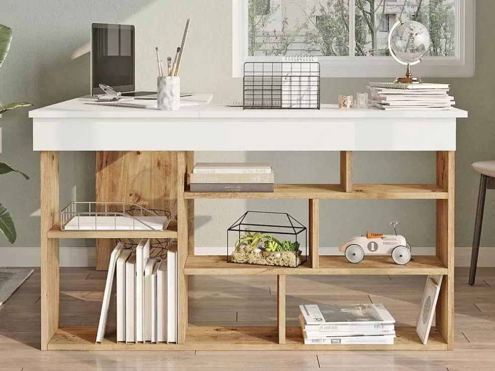Vente-unique Secretária De Canto Com Espacos De Arrumação Cor Branco E Natural - Lileul* Secretária