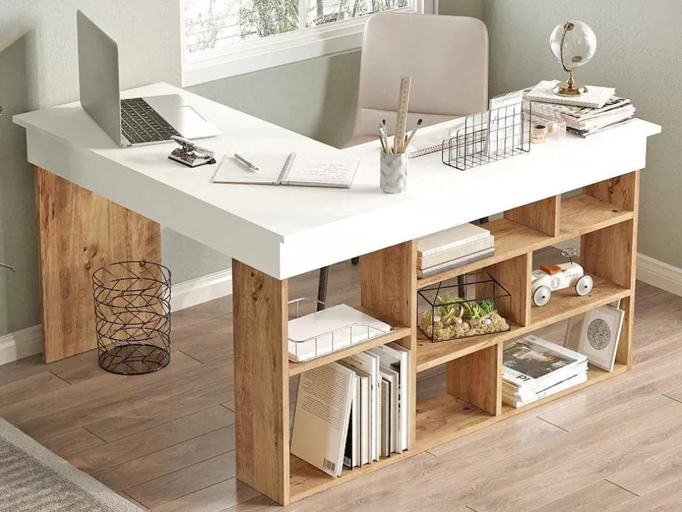 Vente-unique Secretária De Canto Com Espacos De Arrumação Cor Branco E Natural - Lileul* Secretária