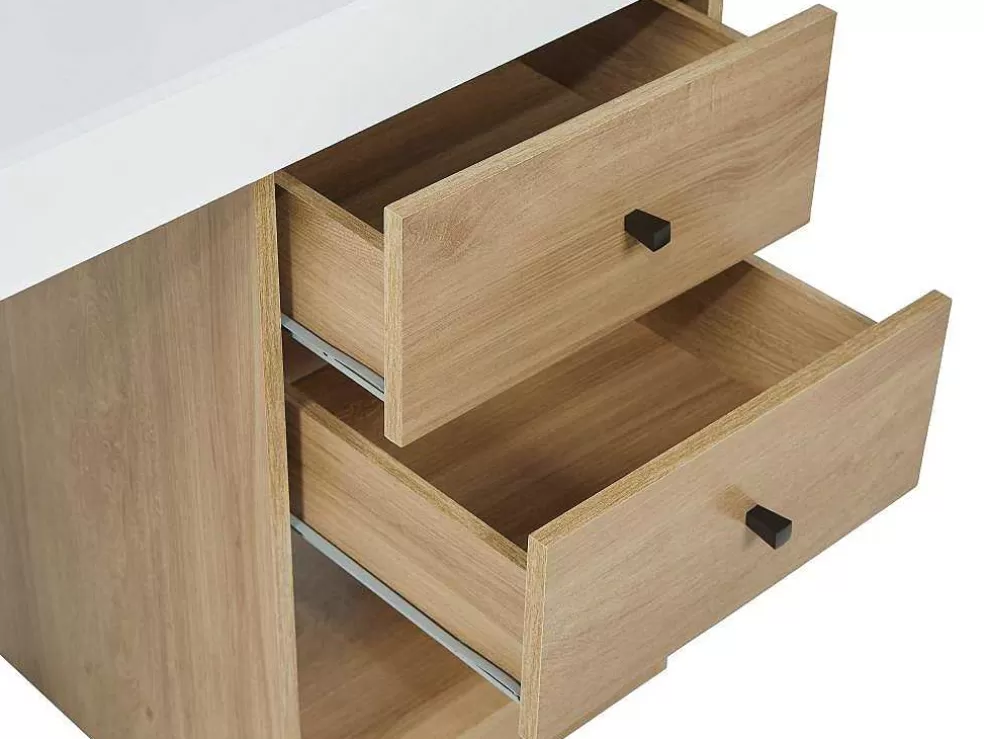 Vente-unique Secretária Extensivel Com 2 Gavetas E 1 Nicho Branco E Carvalho - Evan* Secretária