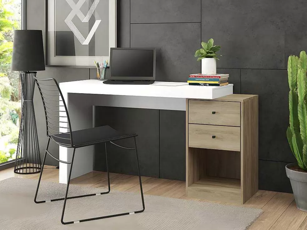 Vente-unique Secretária Extensivel Com 2 Gavetas E 1 Nicho Branco E Carvalho - Evan* Secretária