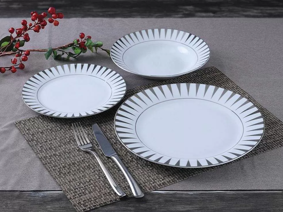 OZAIA Servico De Loica 18 Pecas Porcelana Branco E Prateado - Dynao* Louça E Utensílios De Cozinha