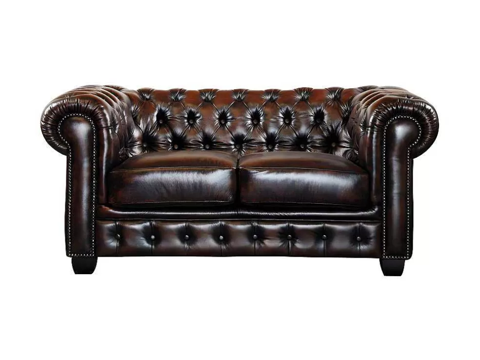 LINEA Sofá Sofá 2 Lugares 100% Pele De Bufalo Castanho Com Reflexos Castanhos Estilo Chesterfield - Brenton* Sofá De 2 Ou 3 Lugares