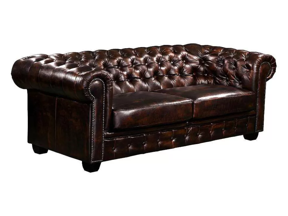 LINEA Sofá Sofá 3 Lugares 100% Pele De Bufalo Castanho Com Reflexos Castanhos Estilo Chesterfield - Brenton* Sofá