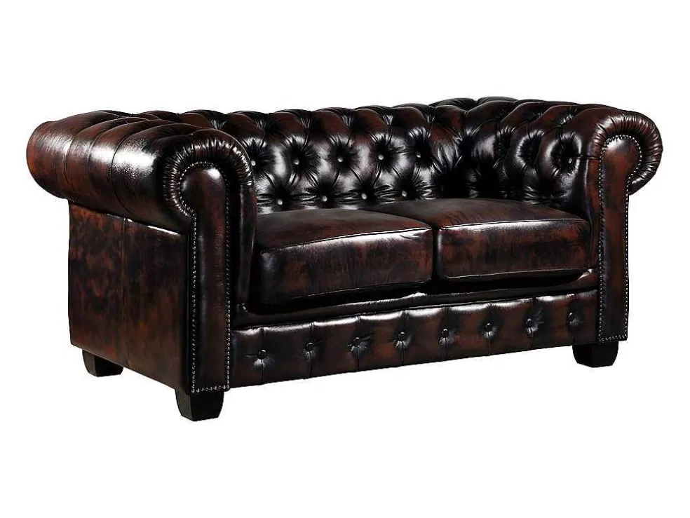 LINEA Sofá Sofá 2 Lugares 100% Pele De Bufalo Castanho Com Reflexos Castanhos Estilo Chesterfield - Brenton* Sofá De 2 Ou 3 Lugares