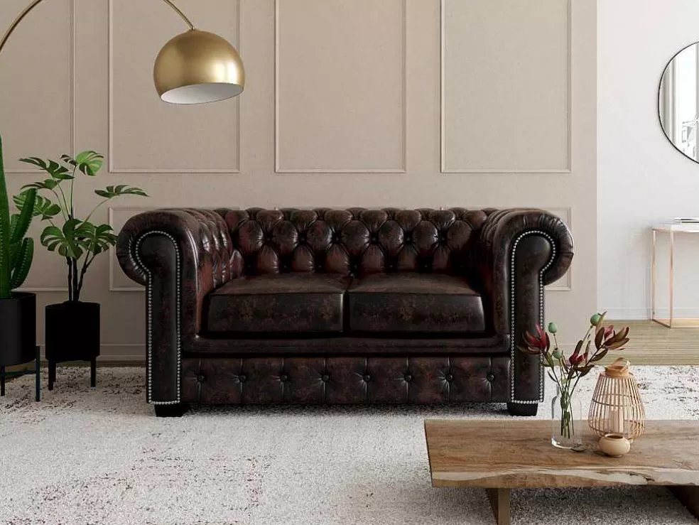 LINEA Sofá Sofá 2 Lugares 100% Pele De Bufalo Castanho Com Reflexos Castanhos Estilo Chesterfield - Brenton* Sofá De 2 Ou 3 Lugares