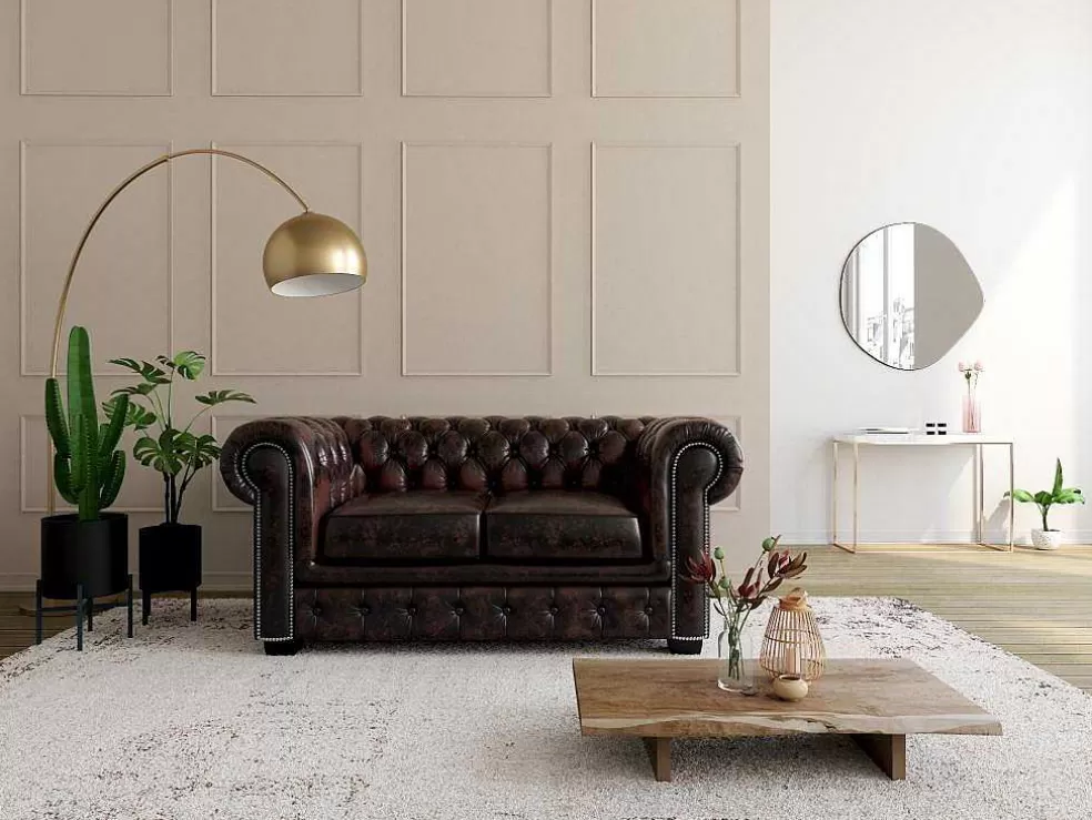 LINEA Sofá Sofá 2 Lugares 100% Pele De Bufalo Castanho Com Reflexos Castanhos Estilo Chesterfield - Brenton* Sofá De 2 Ou 3 Lugares