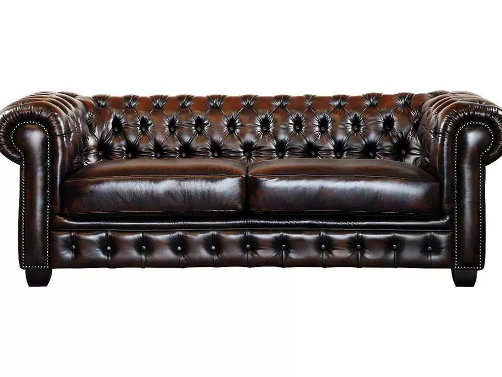 Vente-unique Sofá 3+2 Lugares 100% Pele De Bufalo Castanho Reflexos Castanhos Estilo Chesterfield - Brenton* Conjunto De Sofá