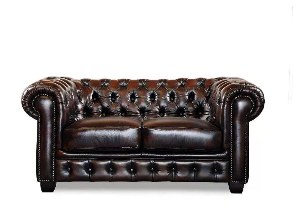 Vente-unique Sofá 3+2 Lugares 100% Pele De Bufalo Castanho Reflexos Castanhos Estilo Chesterfield - Brenton* Conjunto De Sofá