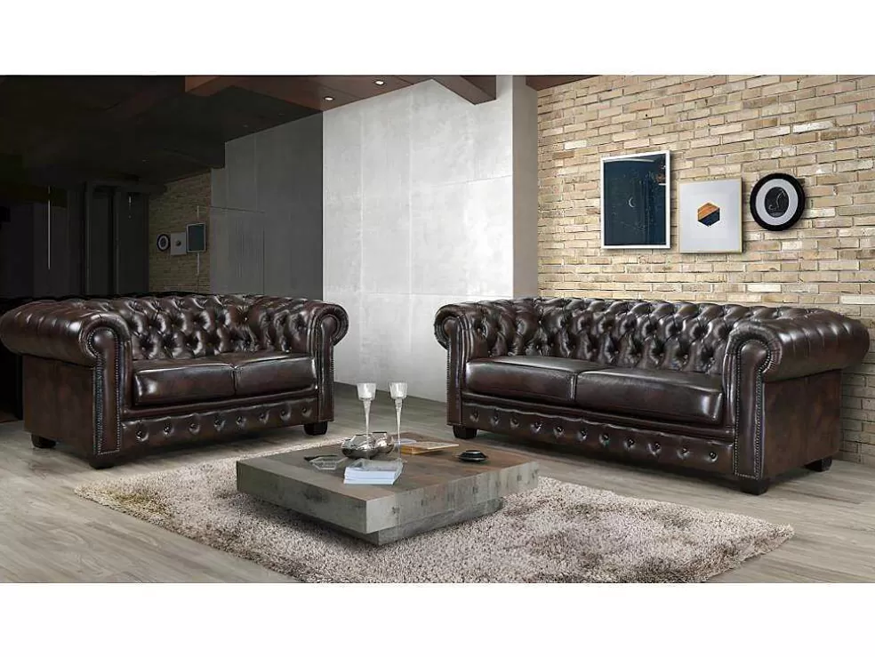 Vente-unique Sofá 3+2 Lugares 100% Pele De Bufalo Castanho Reflexos Castanhos Estilo Chesterfield - Brenton* Conjunto De Sofá