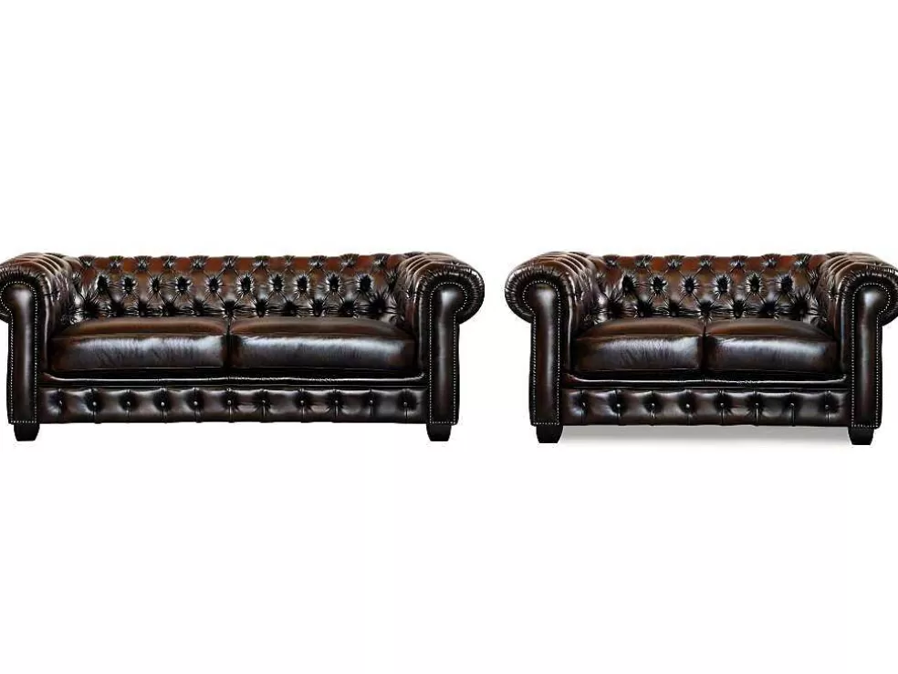 Vente-unique Sofá 3+2 Lugares 100% Pele De Bufalo Castanho Reflexos Castanhos Estilo Chesterfield - Brenton* Conjunto De Sofá