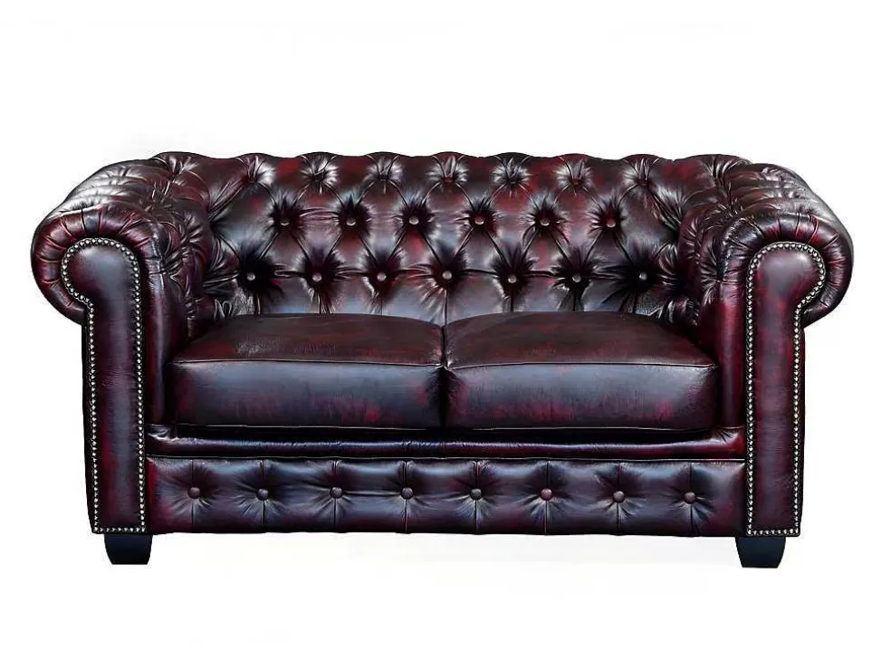 LINEA Sofá Sofá 2 Lugares 100% Pele De Bufalo Cereja Estilo Chesterfield - Brenton* Sofá De 2 Lugares