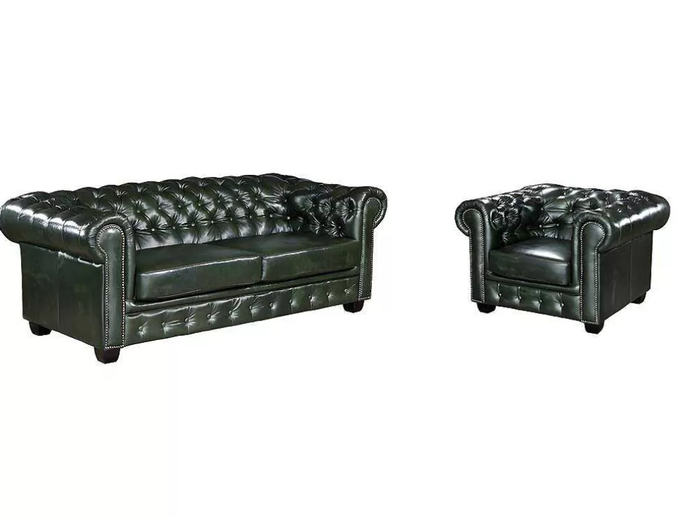 Vente-unique Sofá 3+1 Lugares 100% Pele De Bufalo Verde Imperial Estilo Chesterfield - Brenton* Conjunto Sofá E Poltrona