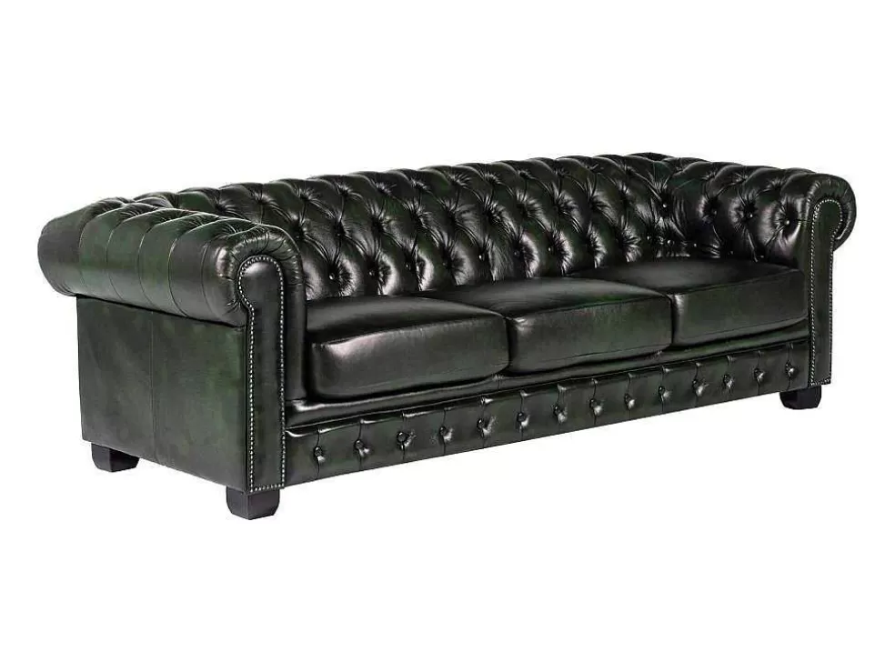 LINEA Sofá Sofá 4 Lugares 100% Pele Verde Escuro Estilo Chesterfield - Brenton* Sofá Em Pele