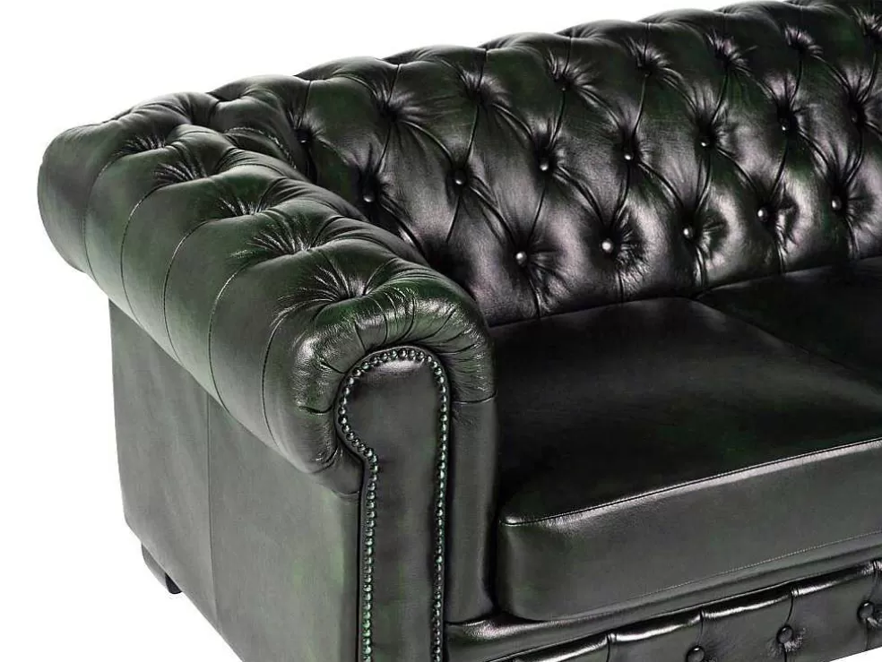 LINEA Sofá Sofá 4 Lugares 100% Pele Verde Escuro Estilo Chesterfield - Brenton* Sofá Em Pele