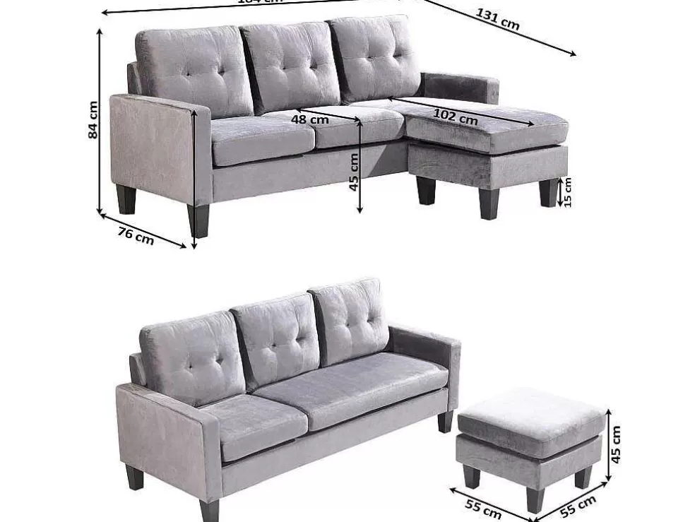 Saldosystocks Sofá + Pufe Conversivel Em Chaise Longue 184X131 Cm 3 Lugares Cor Preta* Sofá