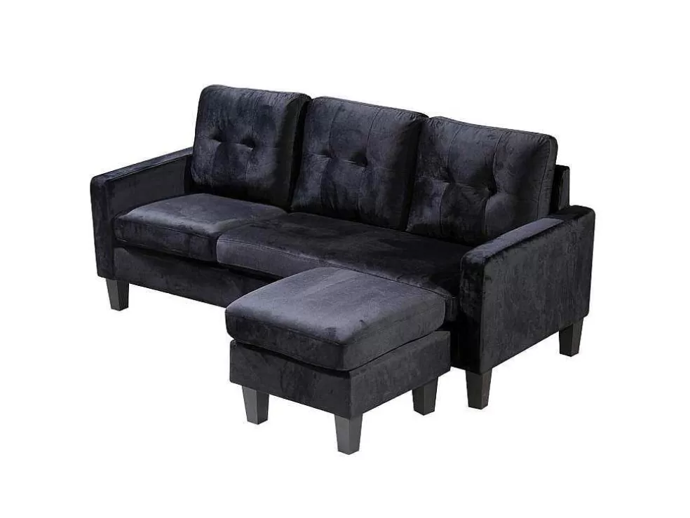 Saldosystocks Sofá + Pufe Conversivel Em Chaise Longue 184X131 Cm 3 Lugares Cor Preta* Sofá
