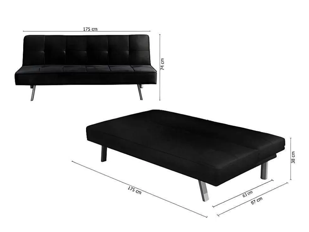 Saldosystocks Sofá Cama 2 Lugares Em Veludo Ainhoa Clic Clac 175X74Cm Preto* Sofá Cama Clic-Clac E Dobravel