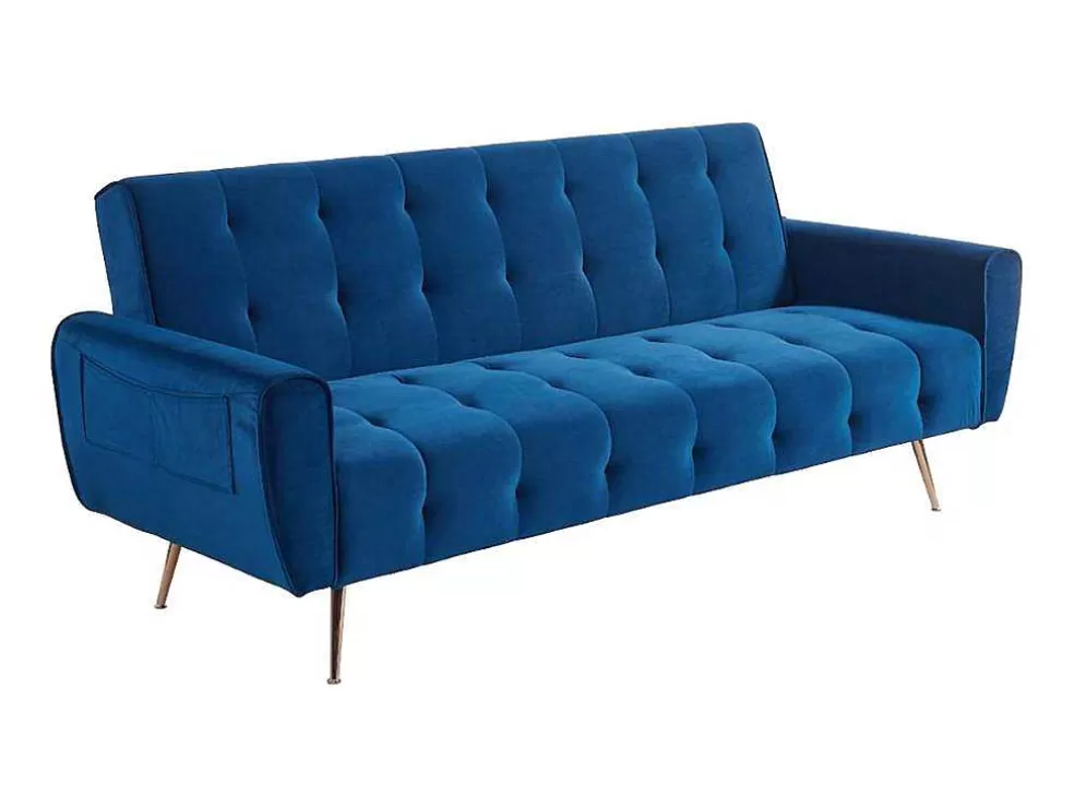 Vente-unique Sofá Cama Clic Calc De 3 Lugares Em Veludo Azul Escuro - Polani* Sofá Cama Clic-Clac E Dobravel