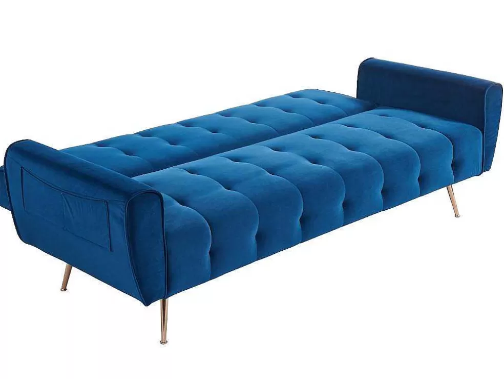 Vente-unique Sofá Cama Clic Calc De 3 Lugares Em Veludo Azul Escuro - Polani* Sofá Cama Clic-Clac E Dobravel