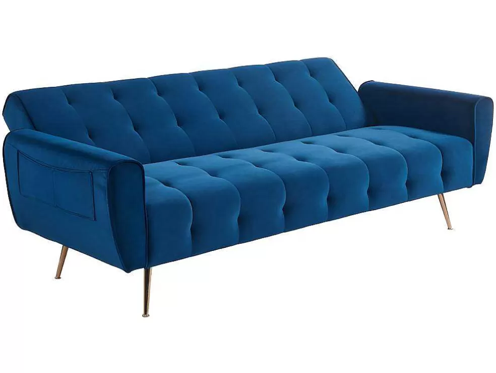 Vente-unique Sofá Cama Clic Calc De 3 Lugares Em Veludo Azul Escuro - Polani* Sofá Cama Clic-Clac E Dobravel