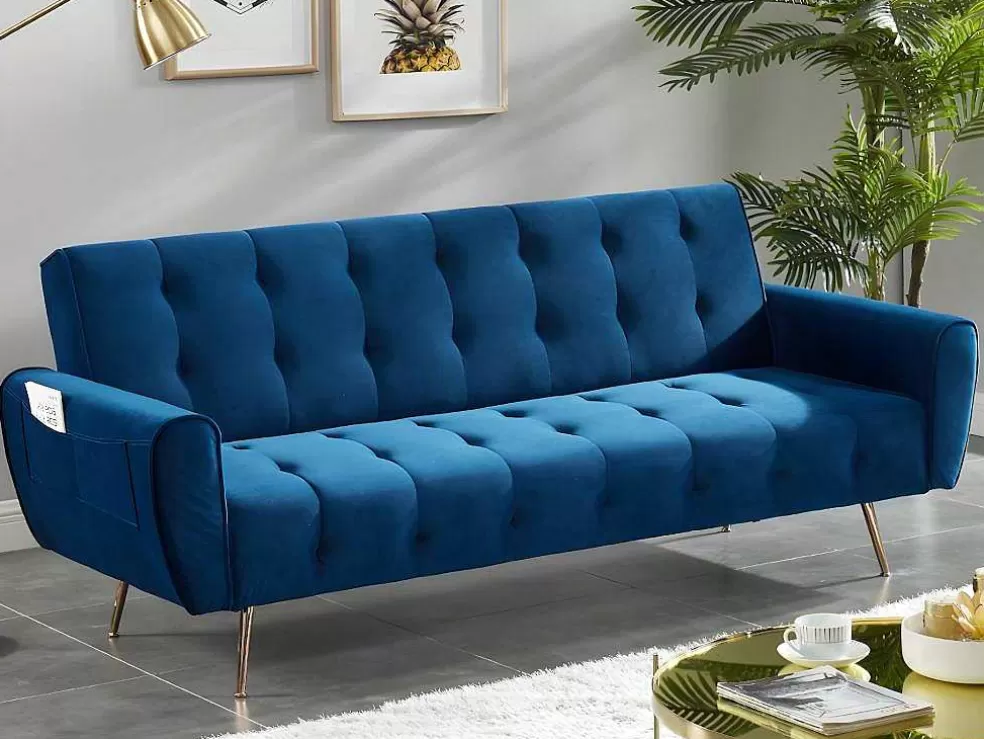 Vente-unique Sofá Cama Clic Calc De 3 Lugares Em Veludo Azul Escuro - Polani* Sofá Cama Clic-Clac E Dobravel