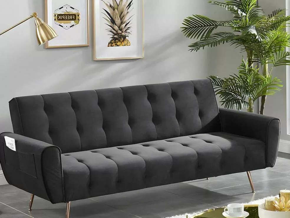 Vente-unique Sofá Cama Clic Calc De 3 Lugares Em Veludo Azul Escuro - Polani* Sofá Cama Clic-Clac E Dobravel