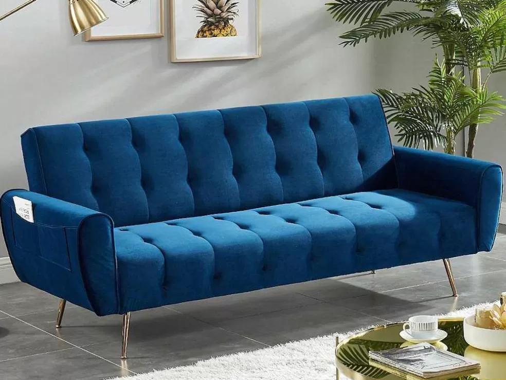 Vente-unique Sofá Cama Clic Calc De 3 Lugares Em Veludo Azul Escuro - Polani* Sofá Cama Clic-Clac E Dobravel