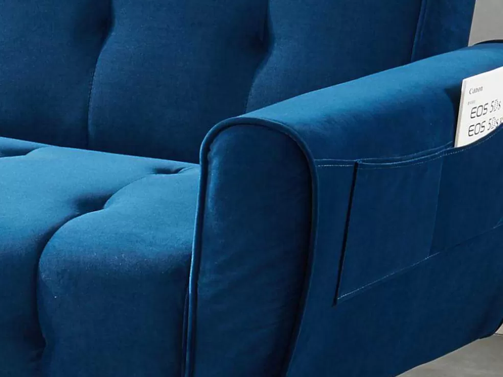 Vente-unique Sofá Cama Clic Calc De 3 Lugares Em Veludo Azul Escuro - Polani* Sofá Cama Clic-Clac E Dobravel