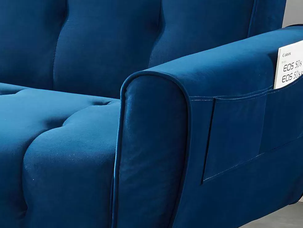Vente-unique Sofá Cama Clic Calc De 3 Lugares Em Veludo Azul Escuro - Polani* Sofá Cama Clic-Clac E Dobravel