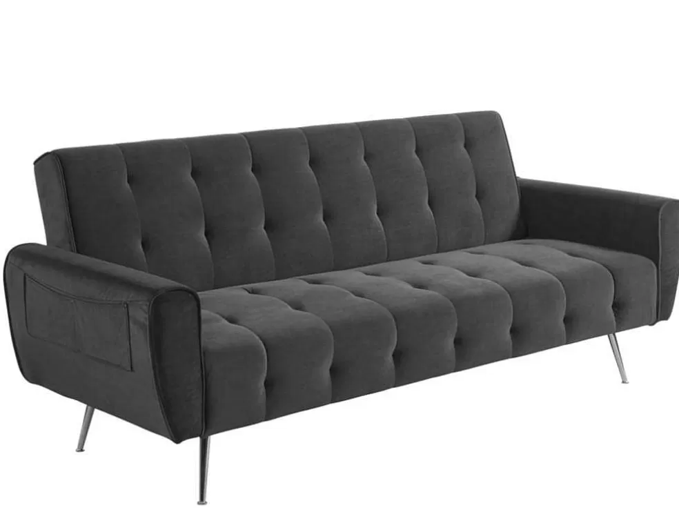 Vente-unique Sofá Cama Clic Calc De 3 Lugares Em Veludo Cinzento Escuro - Polani* Sofá Cama Clic-Clac E Dobravel