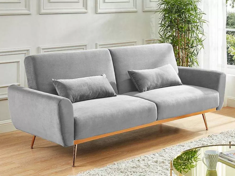 Vente-unique Sofá Cama Clic Clac De 3 Lugare Em Veludo Cinzento Claro -Launei* Sofá Cama Clic-Clac E Dobravel