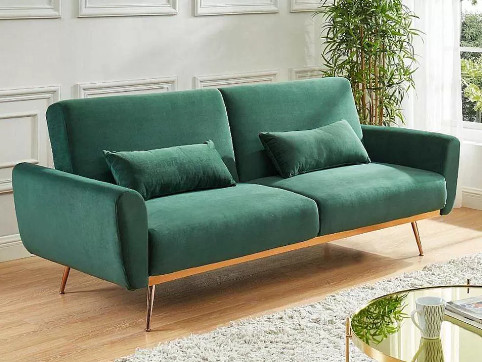 Vente-unique Sofá Cama Clic Clac De 3 Lugare Em Veludo Verde Abeto -Launei* Sofá Cama Clic-Clac E Dobravel