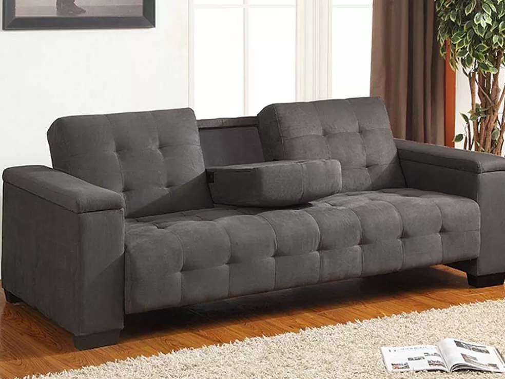 Vente-unique Sofá Cama Clic Clac De 3 Lugares Em Microfibra Com Mesinha De Centro Rebatível Cinzento - Devonshire* Sofá Cama Clic-Clac E Dobravel
