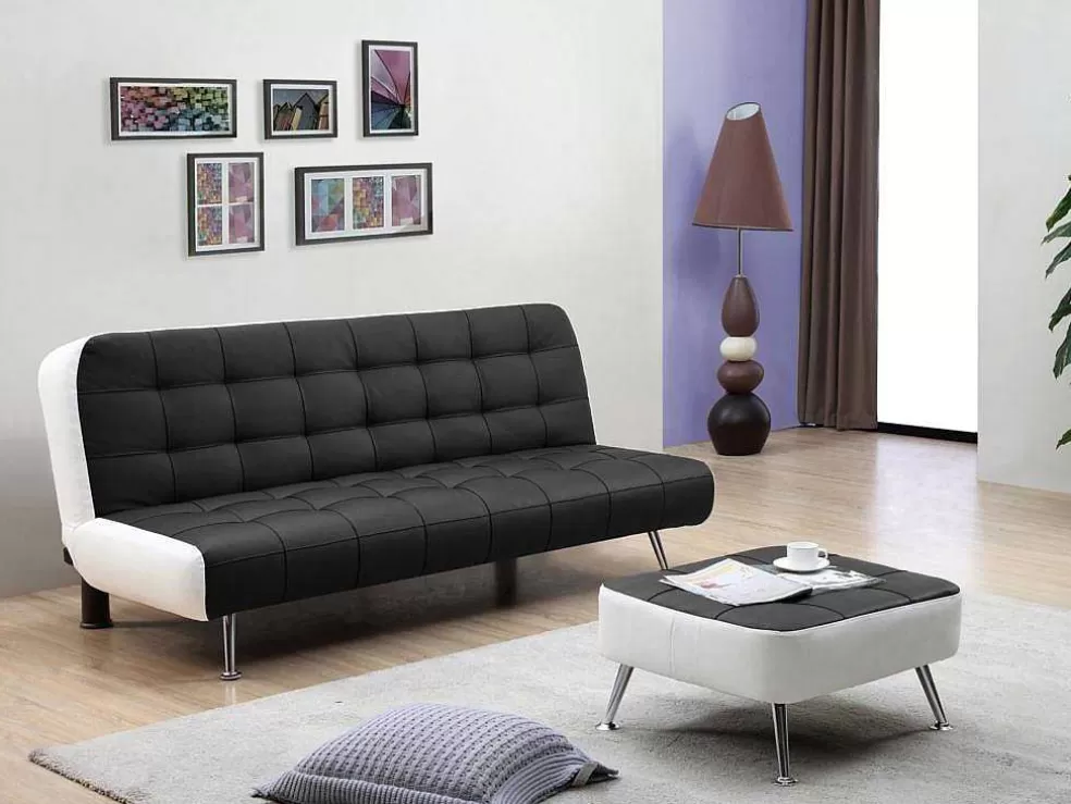 Vente-unique Sofá Cama Clic Clac E Pufe De Pele Sintética Preto - Murni* Sofá Cama Clic-Clac E Dobravel