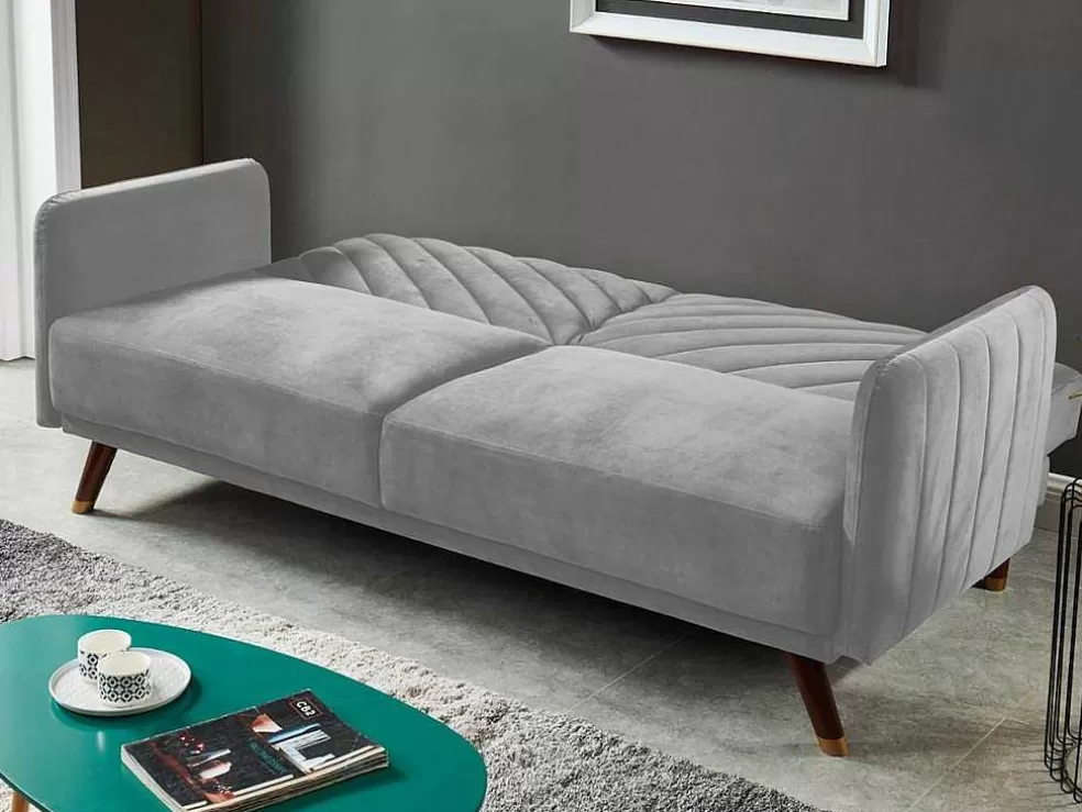 Vente-unique Sofá Cama De 3 Lugares Convertivel Em Cama Em Veludo Cinzento Claro - Joris* Sofá Cama Clic-Clac E Dobravel