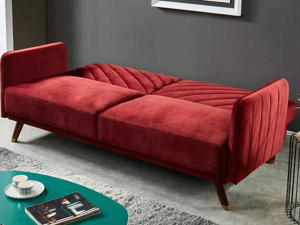 Vente-unique Sofá Cama De 3 Lugares Convertivel Em Cama Em Veludo Vermelho - Joris* Sofá Cama Clic-Clac E Dobravel