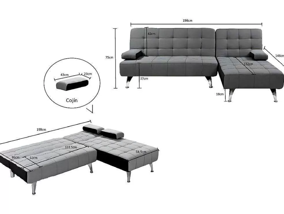 Saldosystocks Sofá Chaise Longue Aroa-Xs, Veludo De 3 Lugares Conversivel Em Cama, Cor Cinza, 198X150Cm* Sofá Cama Clic-Clac E Dobravel