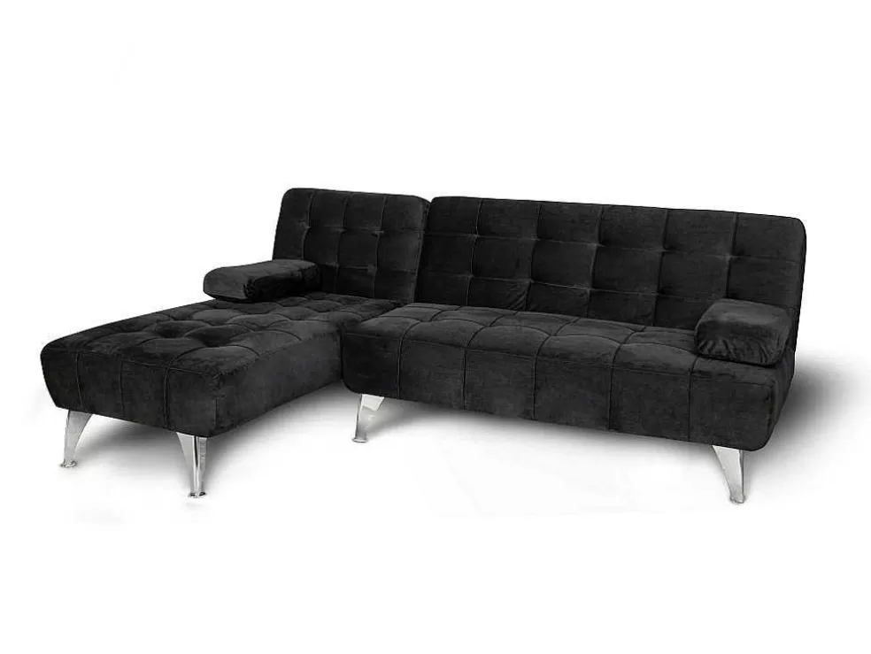Saldosystocks Sofá Chaise Longue Aroa-Xs, Veludo De 3 Lugares Conversivel Em Cama, Cor Preta, 198X150Cm* Sofá Cama Clic-Clac E Dobravel