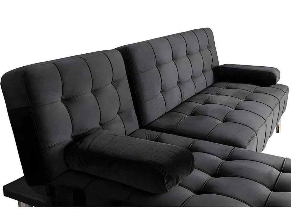 Saldosystocks Sofá Chaise Longue Aroa-Xs, Veludo De 3 Lugares Conversivel Em Cama, Cor Preta, 198X150Cm* Sofá Cama Clic-Clac E Dobravel